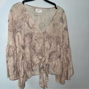 Tan Pleated Tie Front Blouse with 3/4 Sleeves